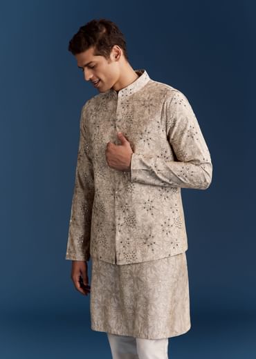 Grey Silk Kurta Jacket Set With Sequins And Moti Detailing