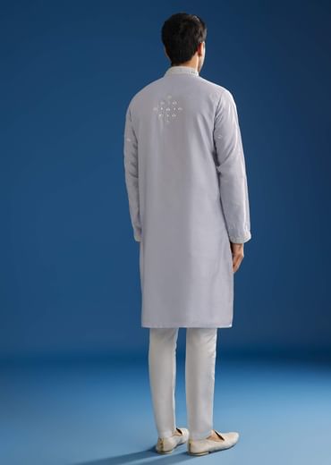 Grey Silk Mirrorwork Kurta Set With Threaded Yoke