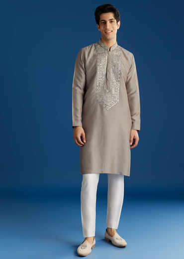 Grey Silk Yoke Mirror Gotta Work Zari Sequins Kurta Set