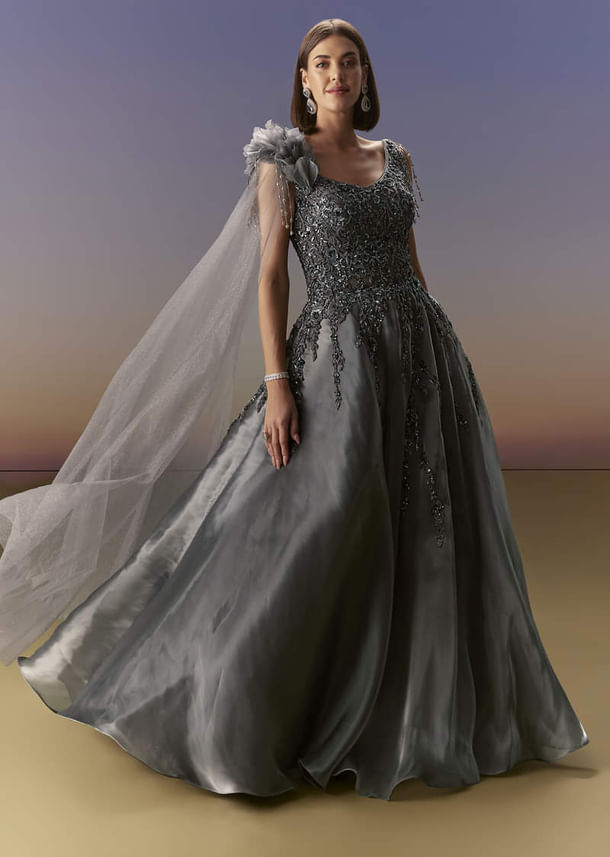 Grey Sleeveless Gown With Soft Net Trail And Shimmer Grey Sleeveless Gown With Soft Net Trail And Shimmer