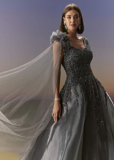 Grey Sleeveless Gown With Soft Net Trail And Shimmer