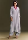 Grey Solid Kurta Pant Set With Pink Beaded Neckpiece
