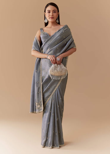 Grey Tissue Cutdana Embroidered Saree with Unstitched Blouse