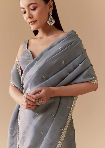 Grey Tissue Cutdana Embroidered Saree with Unstitched Blouse