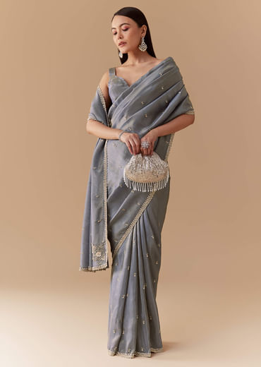 Grey Tissue Cutdana Embroidered Saree with Unstitched Blouse
