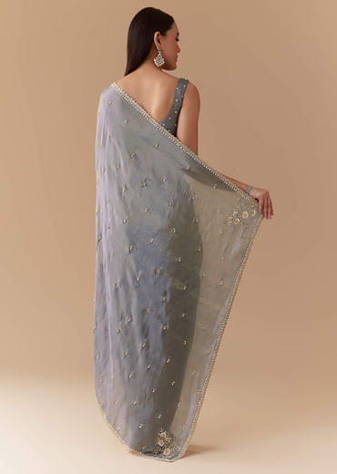 Grey Tissue Cutdana Embroidered Saree with Unstitched Blouse