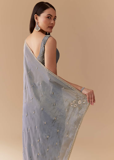 Grey Tissue Cutdana Embroidered Saree with Unstitched Blouse
