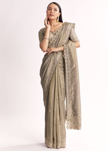 Grey Tissue Saree With Cutdana Sequins Beads And Resham Embroidery