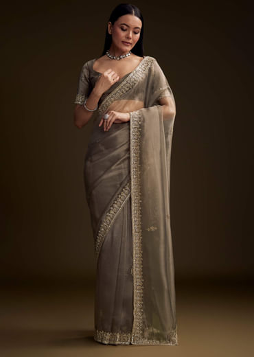 Grey Tissue Saree With Floral And Zardosi Embroidery