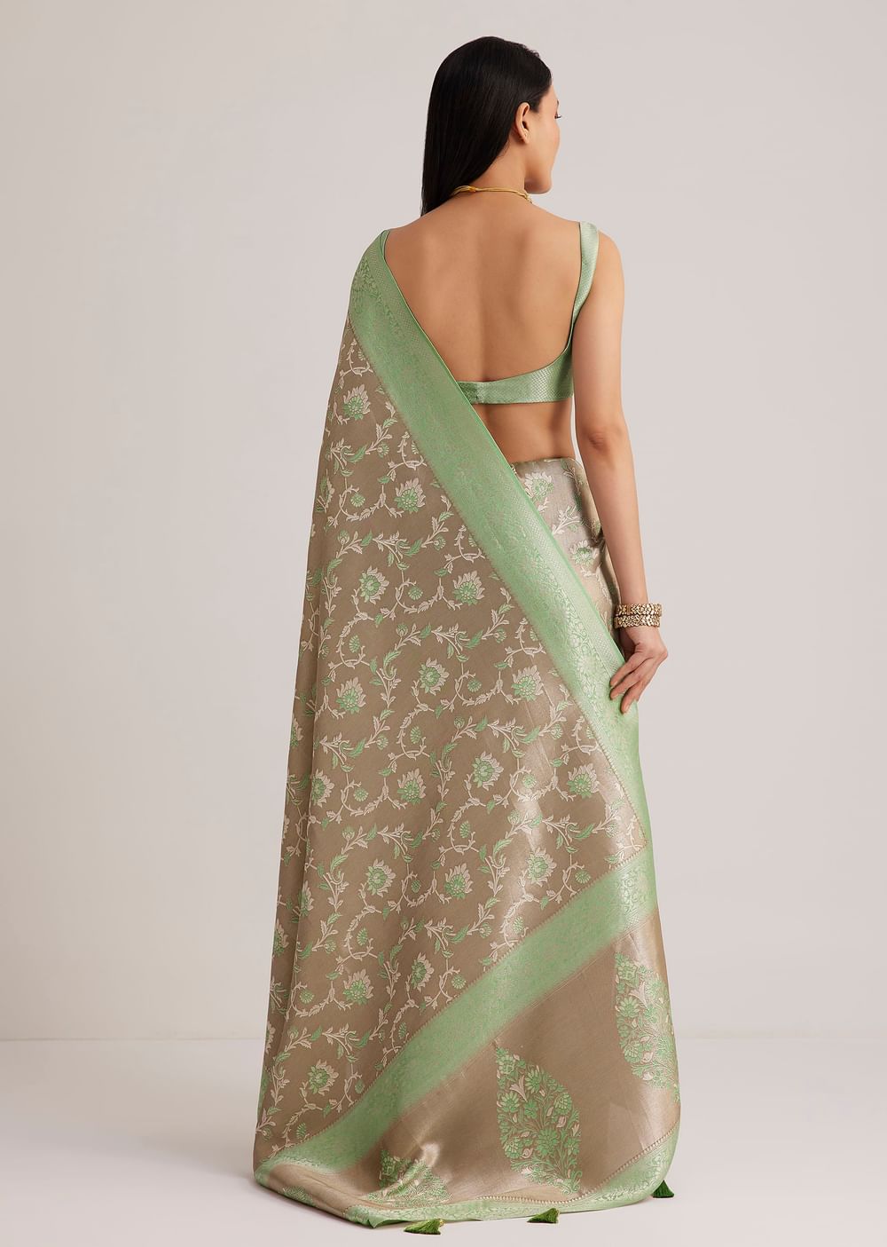 Grey And Light Green Tissue Silk Saree With Floral Jaal Work