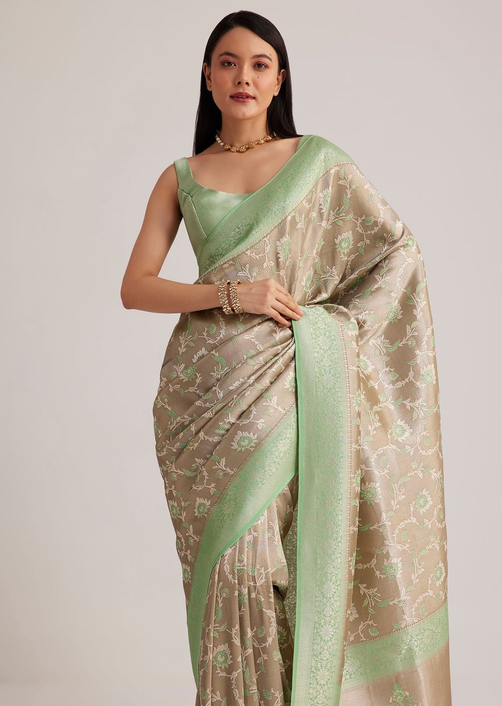 Grey And Light Green Tissue Silk Saree With Floral Jaal Work