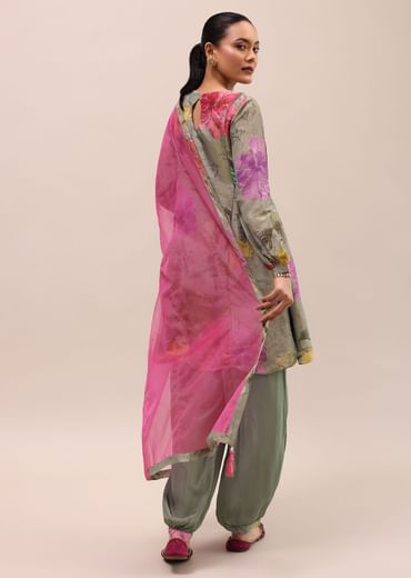 Grey And Pink Embroidered Kurta And Salwar With Dupatta