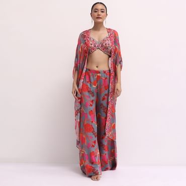 Grey Chiffon Palazzo Set With Jacket