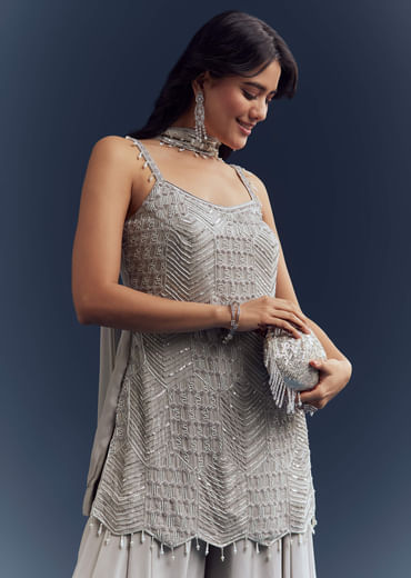Grey Chinon Palazzo Suit With Cutdana And Moti Work Grey Chinon Palazzo Suit With Cutdana And Moti Work