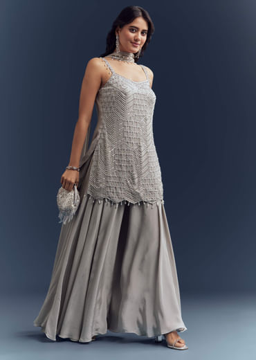 Grey Chinon Palazzo Suit With Cutdana And Moti Work Grey Chinon Palazzo Suit With Cutdana And Moti Work