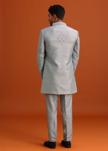 Grey Cotton Silk Sherwani Set With Resham Work