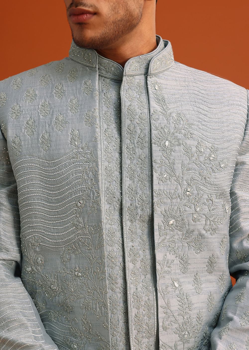 Grey Cotton Silk Sherwani Set With Resham Work