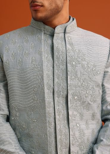 Grey Cotton Silk Sherwani Set With Resham Work