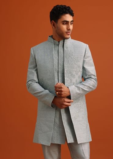 Grey Cotton Silk Sherwani Set With Resham Work