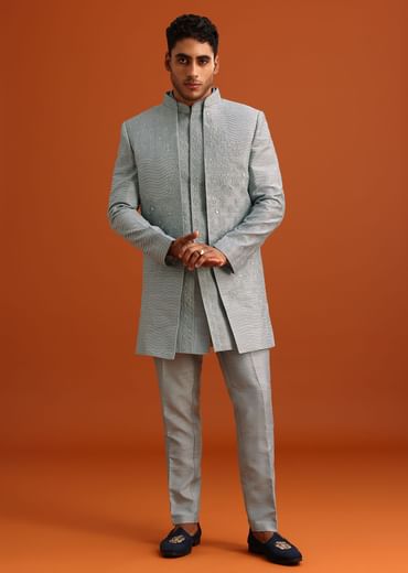 Grey Cotton Silk Sherwani Set With Resham Work
