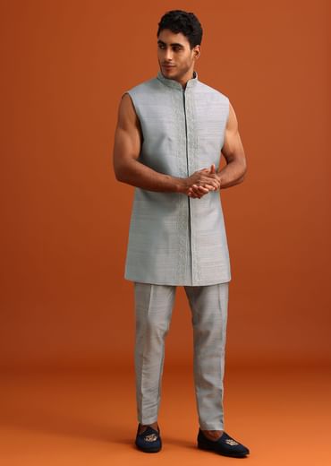 Grey Cotton Silk Sherwani Set With Resham Work