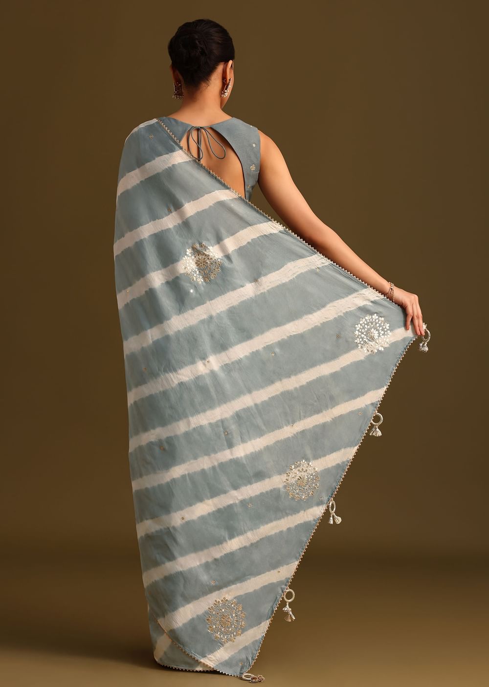 Grey Crepe Shibori Leheriya Saree With Gota Patti Border Work