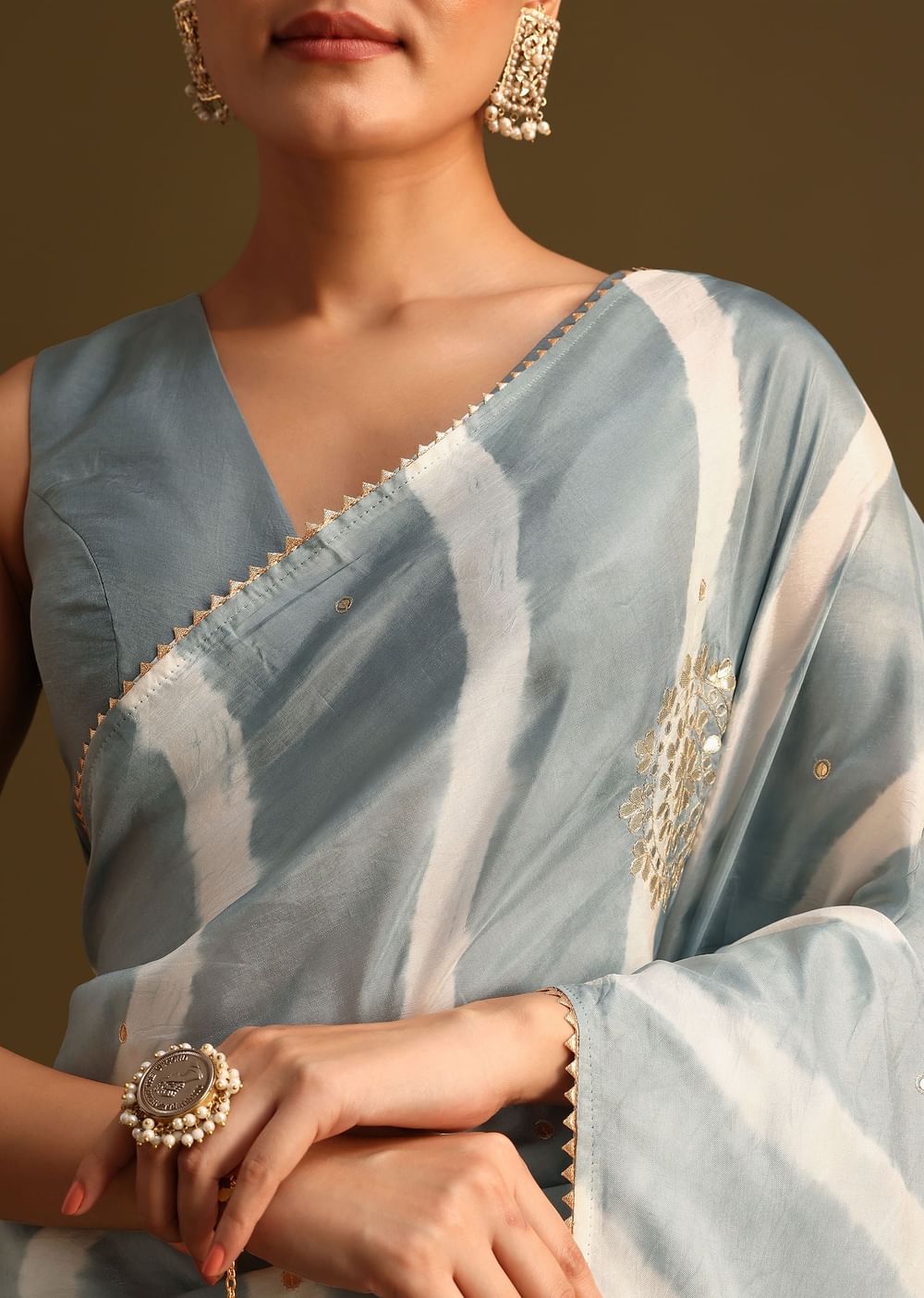 Grey Crepe Shibori Leheriya Saree With Gota Patti Border Work