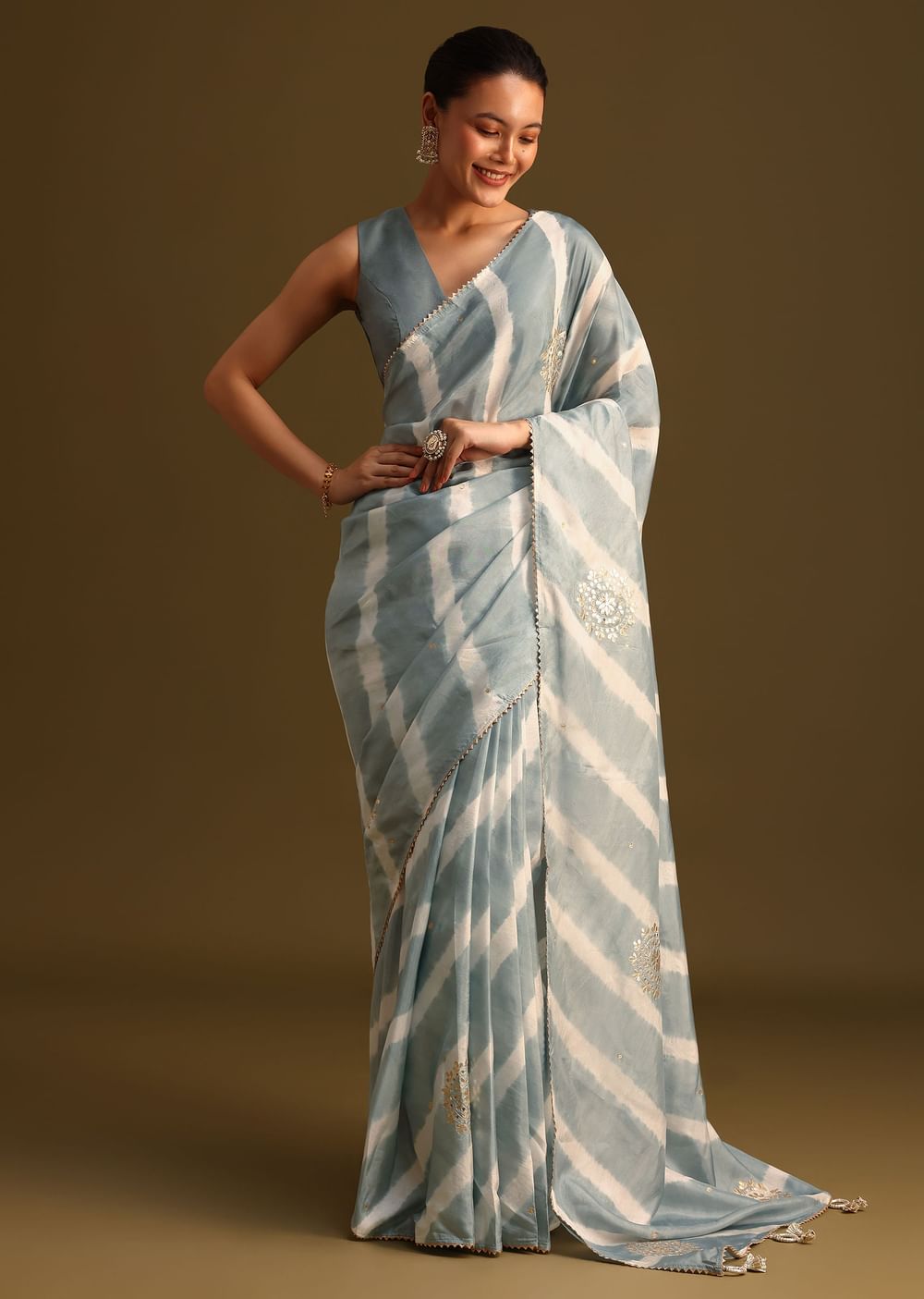 Grey Crepe Shibori Leheriya Saree With Gota Patti Border Work