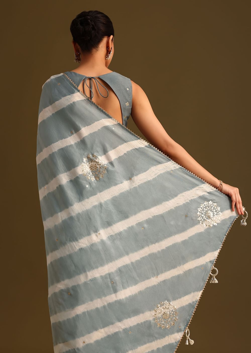 Grey Crepe Shibori Leheriya Saree With Gota Patti Border Work