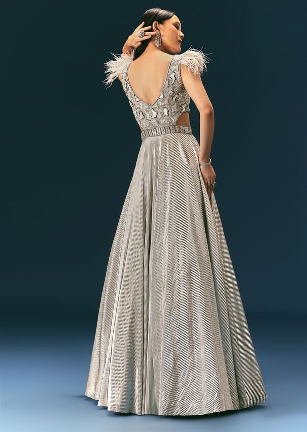 Grey Crushed Flared Gown With Hand Embroidery