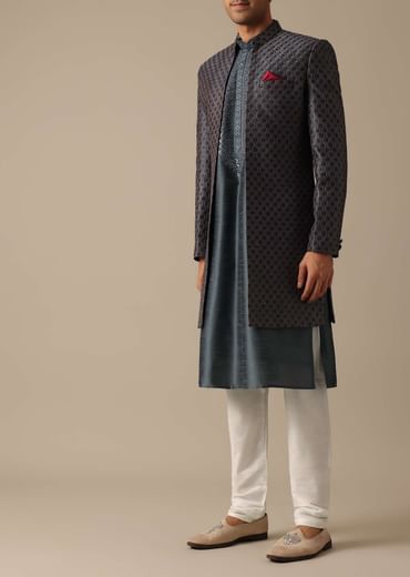 Grey Dupion Silk Sherwani Set With Mirror Work