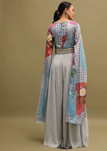 Grey Embroidered Chinon Jumpsuit