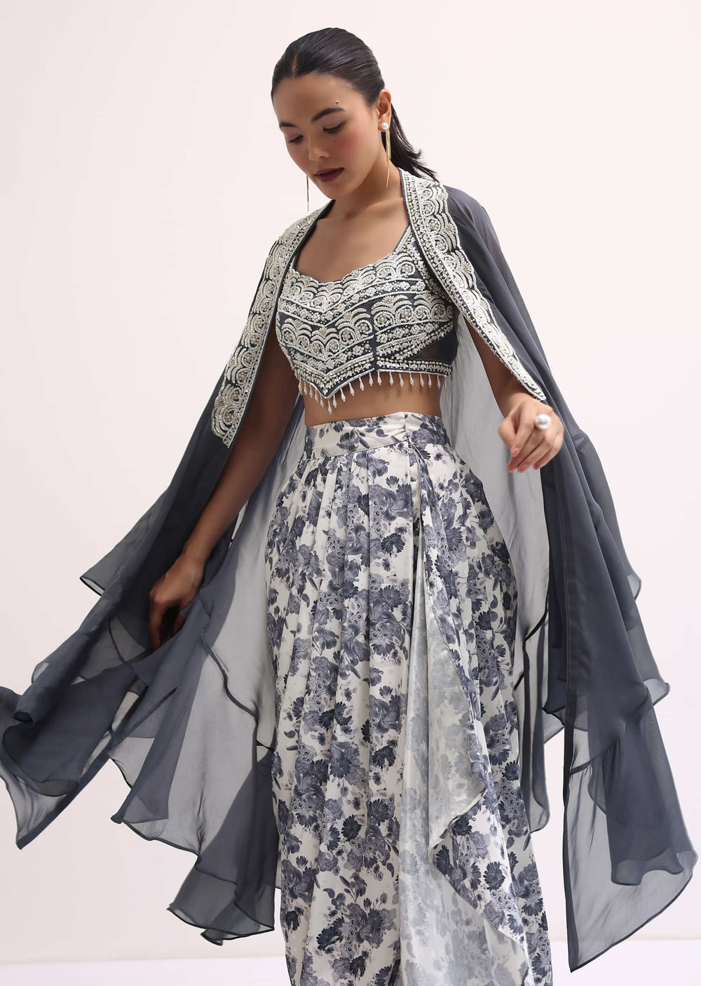 Grey Embroidered Crop Top And Skirt Set