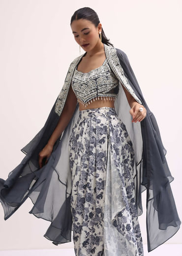 Grey Embroidered Crop Top And Skirt Set