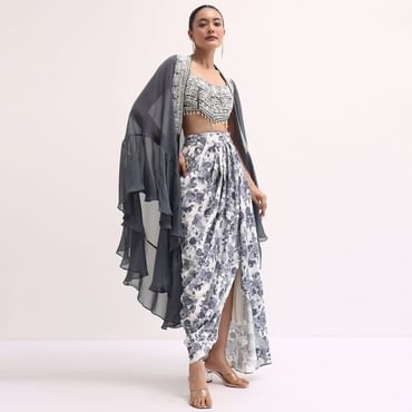 Grey Embroidered Crop Top And Skirt Set