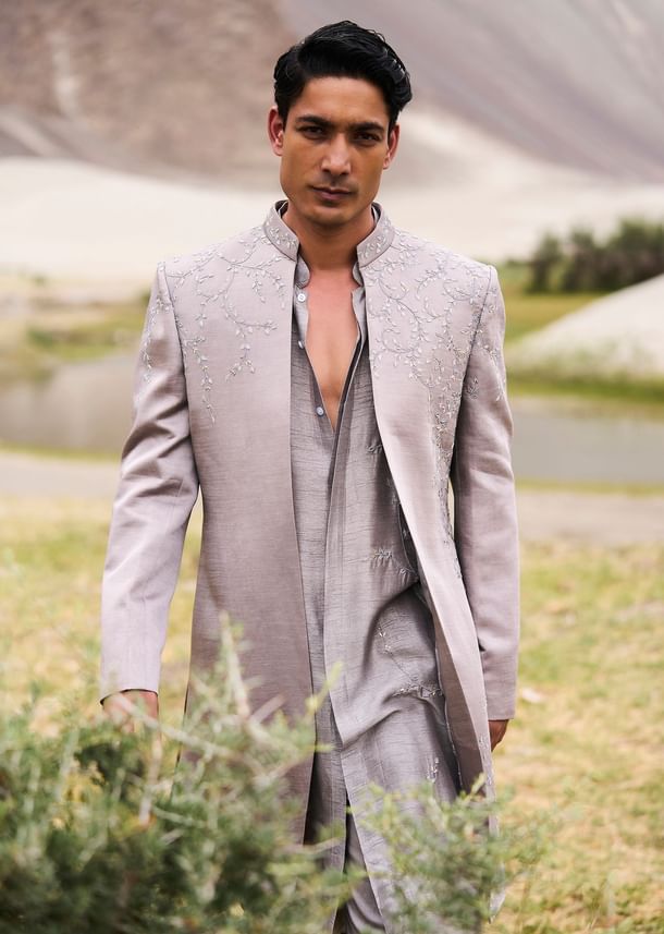 Grey Embroidered Linen Nawabi Suit