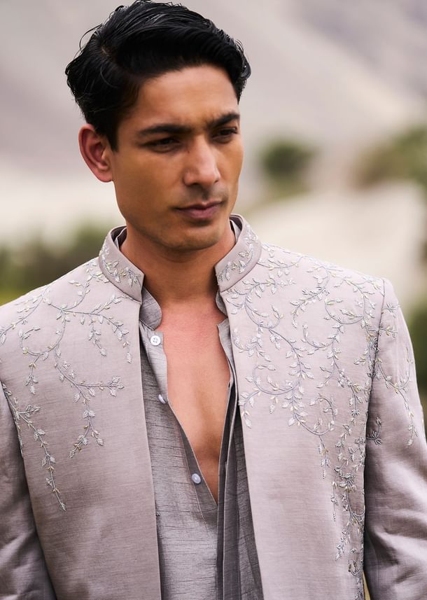 Grey Embroidered Linen Nawabi Suit