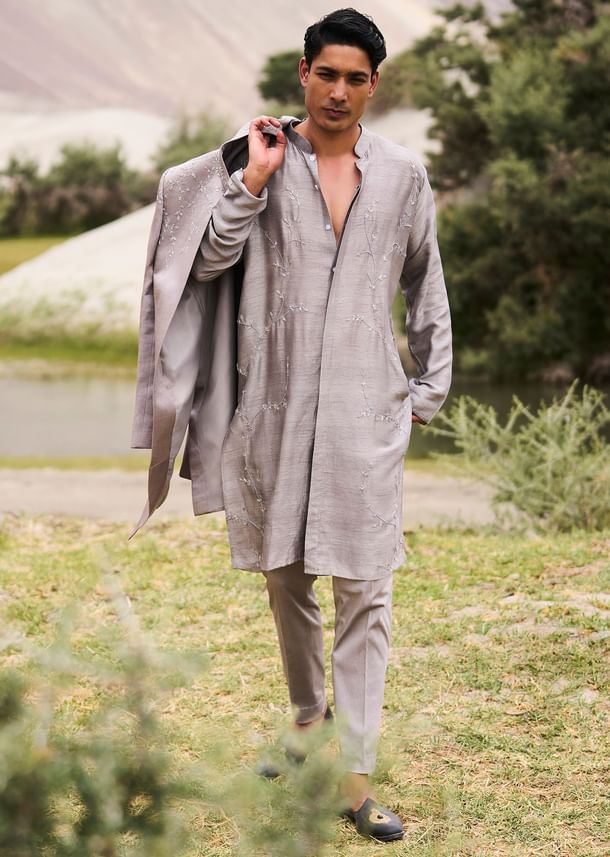 Grey Embroidered Linen Nawabi Suit