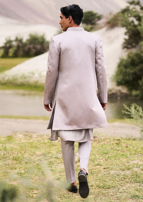Grey Embroidered Linen Nawabi Suit