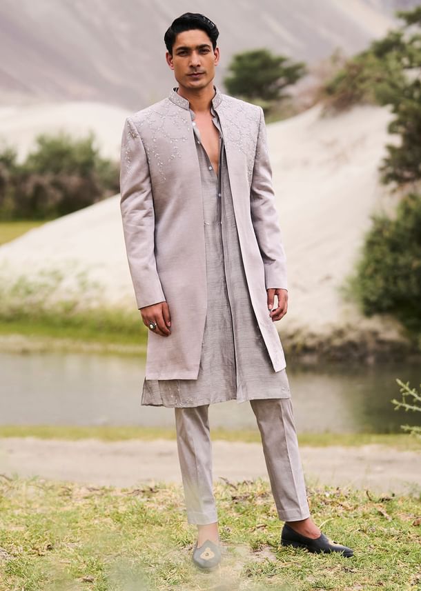 Grey Embroidered Linen Nawabi Suit