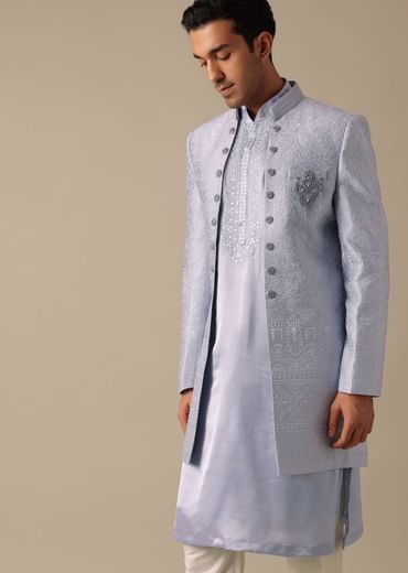 Grey Embroidered Sherwani And Kurta Set In Satin Silk