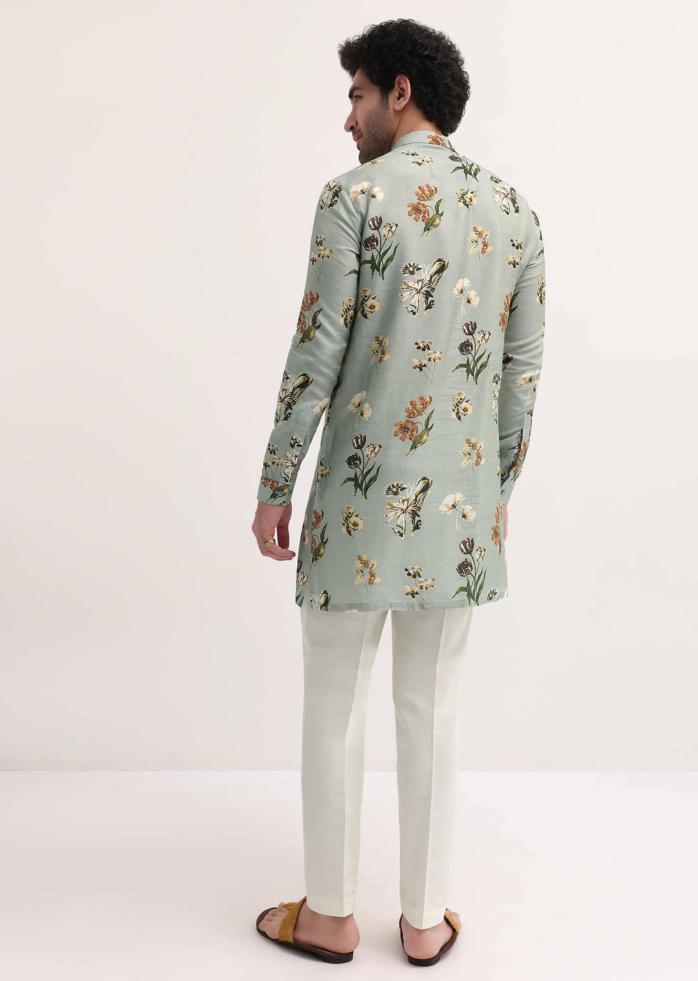 Grey Floral Printed Silk Short Kurta Set For Men