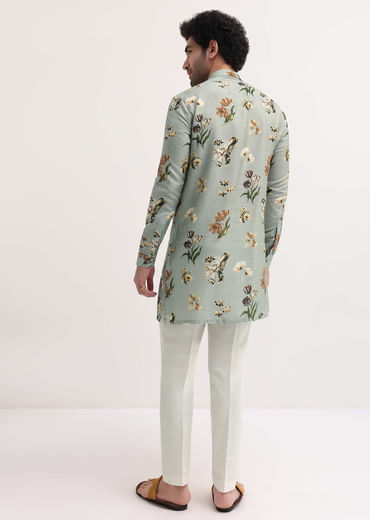 Grey Floral Printed Silk Short Kurta Set For Men