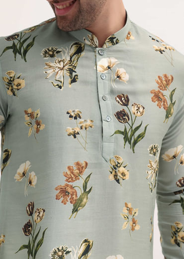 Grey Floral Printed Silk Short Kurta Set For Men