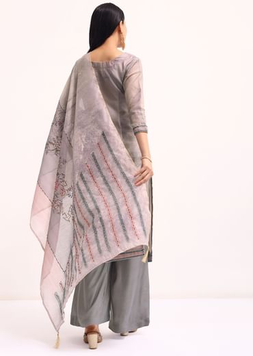 Grey French Knot Chanderi Kurta Palazzo Set