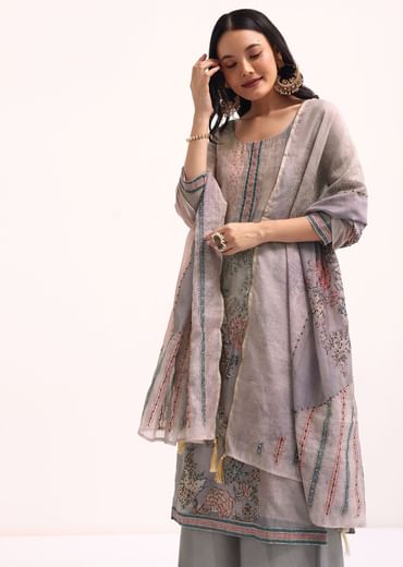 Grey French Knot Chanderi Kurta Palazzo Set