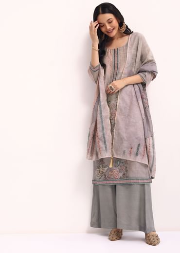 Grey French Knot Chanderi Kurta Palazzo Set