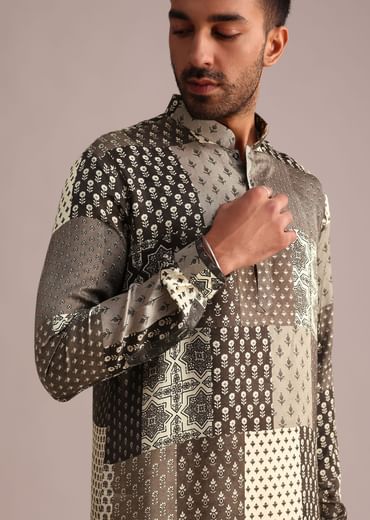 Grey Patchwork Printed Kurta With Floral And Geometric Motifs