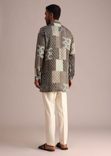 Grey Patchwork Printed Kurta With Floral And Geometric Motifs