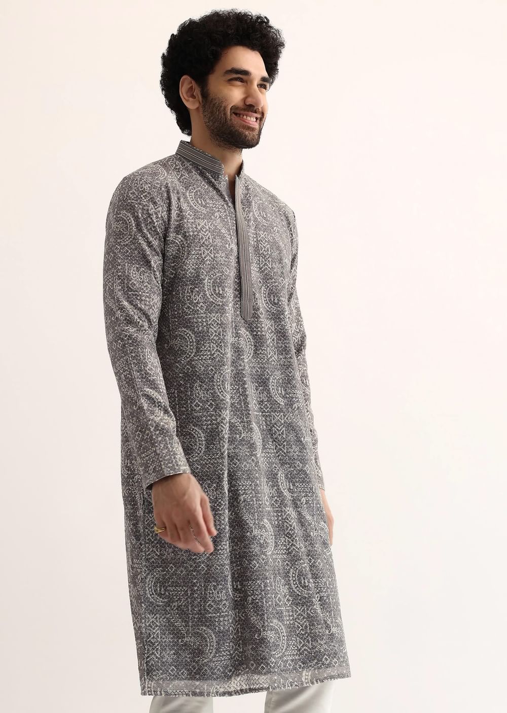 Grey Georgette Sequin Embroidered Kurta Set For Men